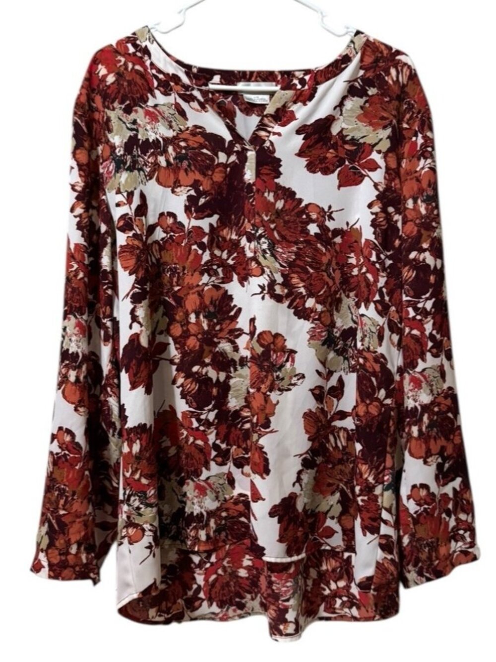 Van Heusen Blouse Women Size Large V Neck Long Sleeve Floral Polyester Tunic